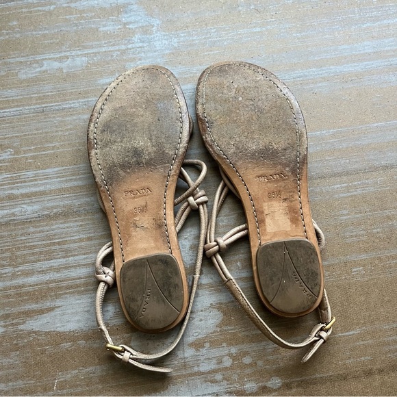 Prada Knotted Leather Sandals Boho Gladiator Preppy Casual Tan Western Womens 6 - Picture 7 of 10